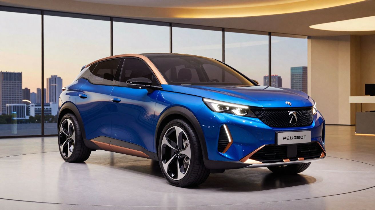 Peugeot 308 azul num espaço interior moderno com janelas grandes e vista para edifícios ao fundo.