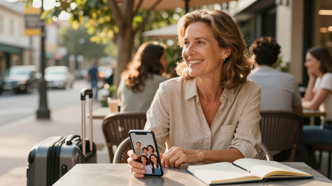 Mulher sorridente num café ao ar livre mostrando videochamada no telemóvel com mala ao lado.