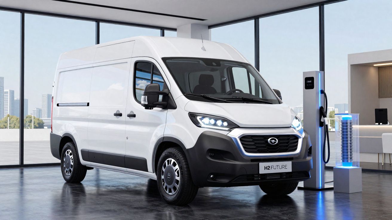 Furgão elétrico branco estacionado numa garagem com parede de vidro e carregador elétrico ligado.