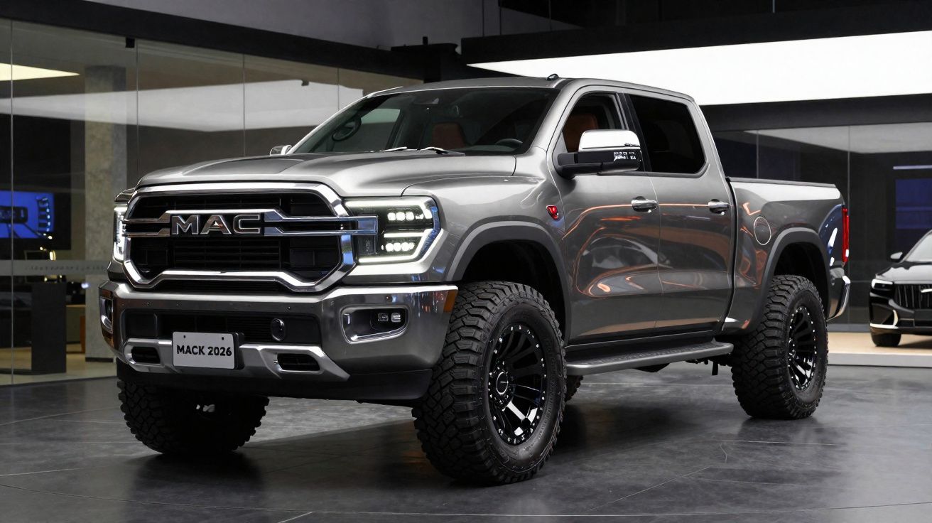 Picape cinzenta MACK 2026 estacionada em espaço interior moderno com pneus grandes e faróis acesos.