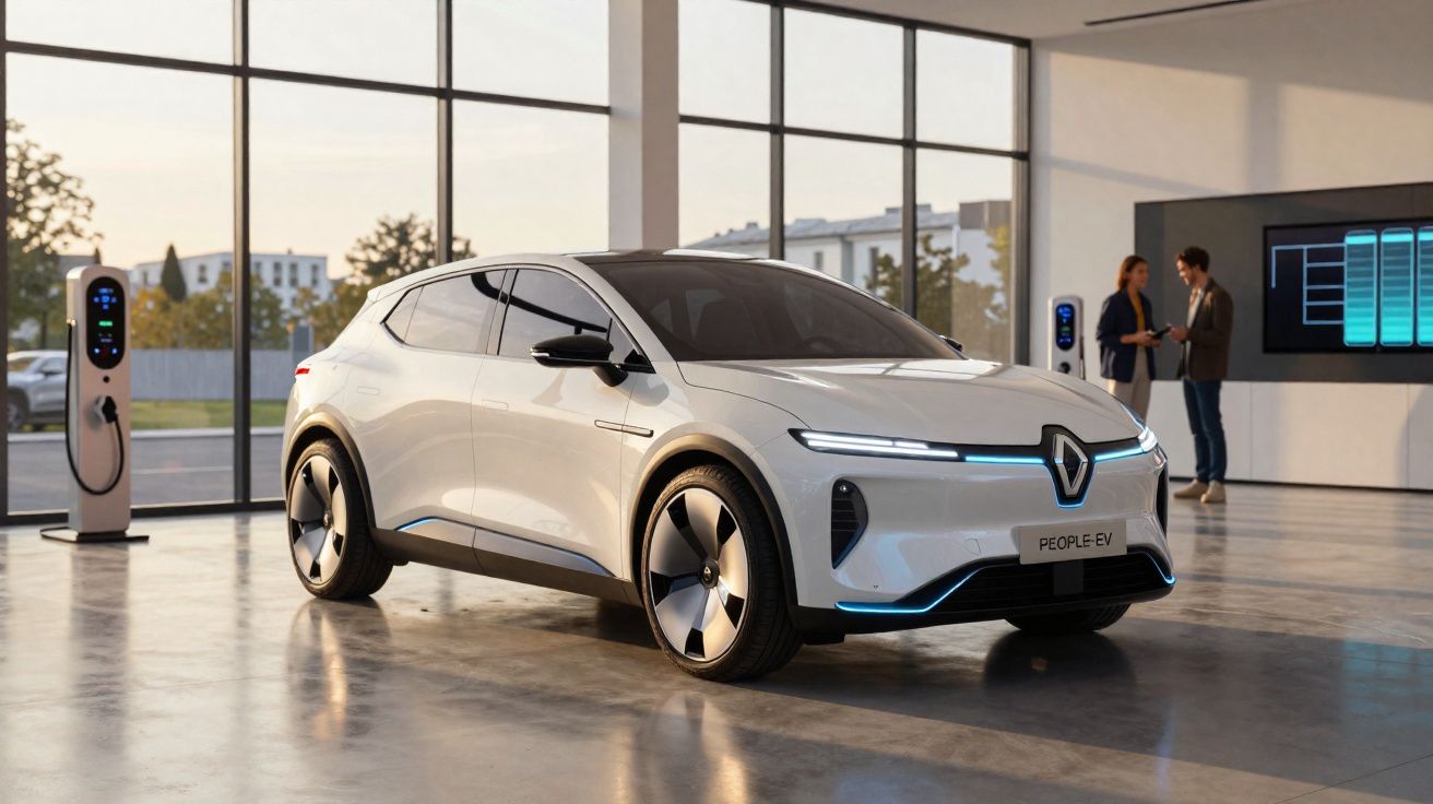 Carro elétrico branco da Renault num showroom moderno com estação de carregamento e pessoas ao fundo.