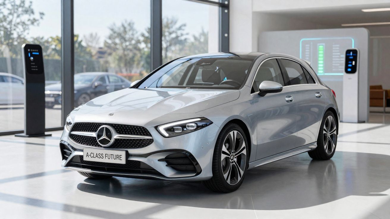 Carro Mercedes-Benz A-Class Future estacionado em showroom moderno com painéis de controlo digitais.