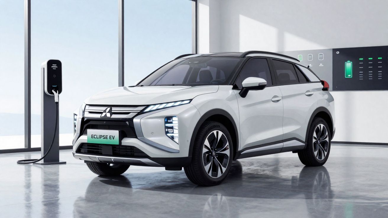 Carro elétrico Mitsubishi Eclipse EV branco estacionado junto a estação de carregamento numa garagem moderna.