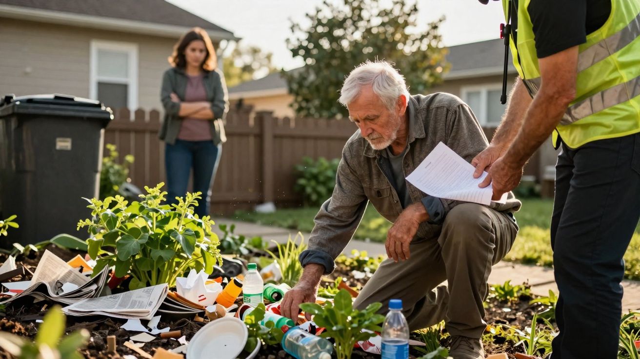 Homem idoso e técnicos inspecionam lixo espalhado num jardim com mulher preocupada ao fundo.