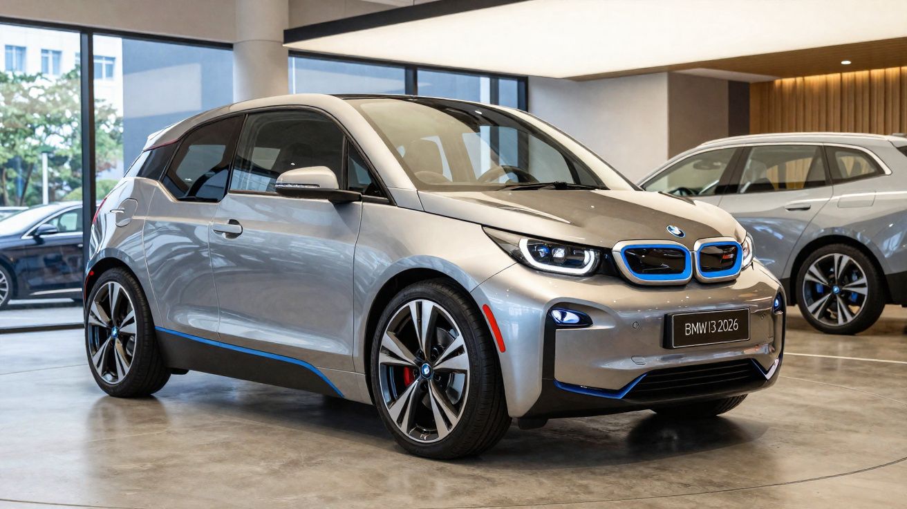 Carro elétrico BMW i3 prateado estacionado em garagem moderna com outra viatura ao fundo.