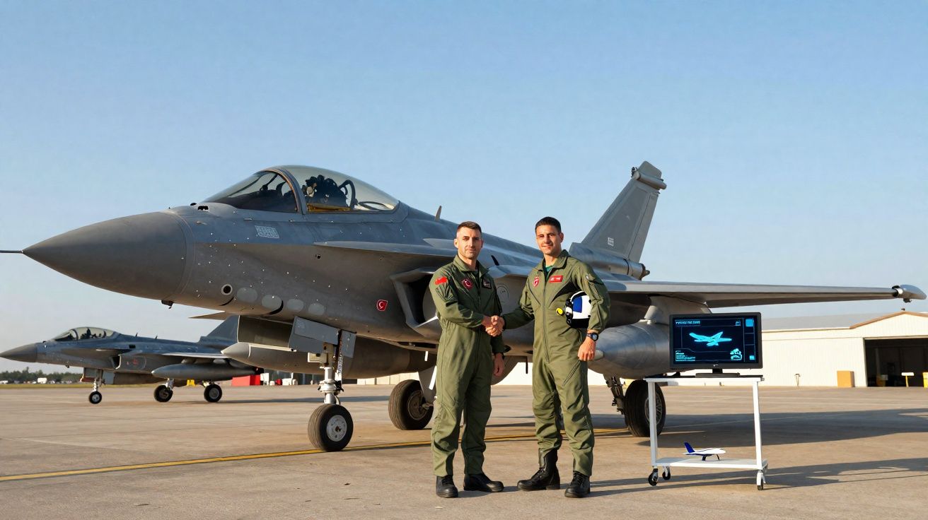 Dois pilotos militares de farda verde abraçam-se em frente a dois caças estacionados num aeródromo.