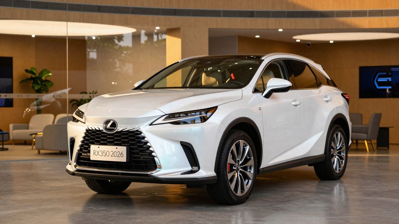 SUV Lexus RX 350 2026 branco estacionado em showroom moderno com interior iluminado e decoração contemporânea.