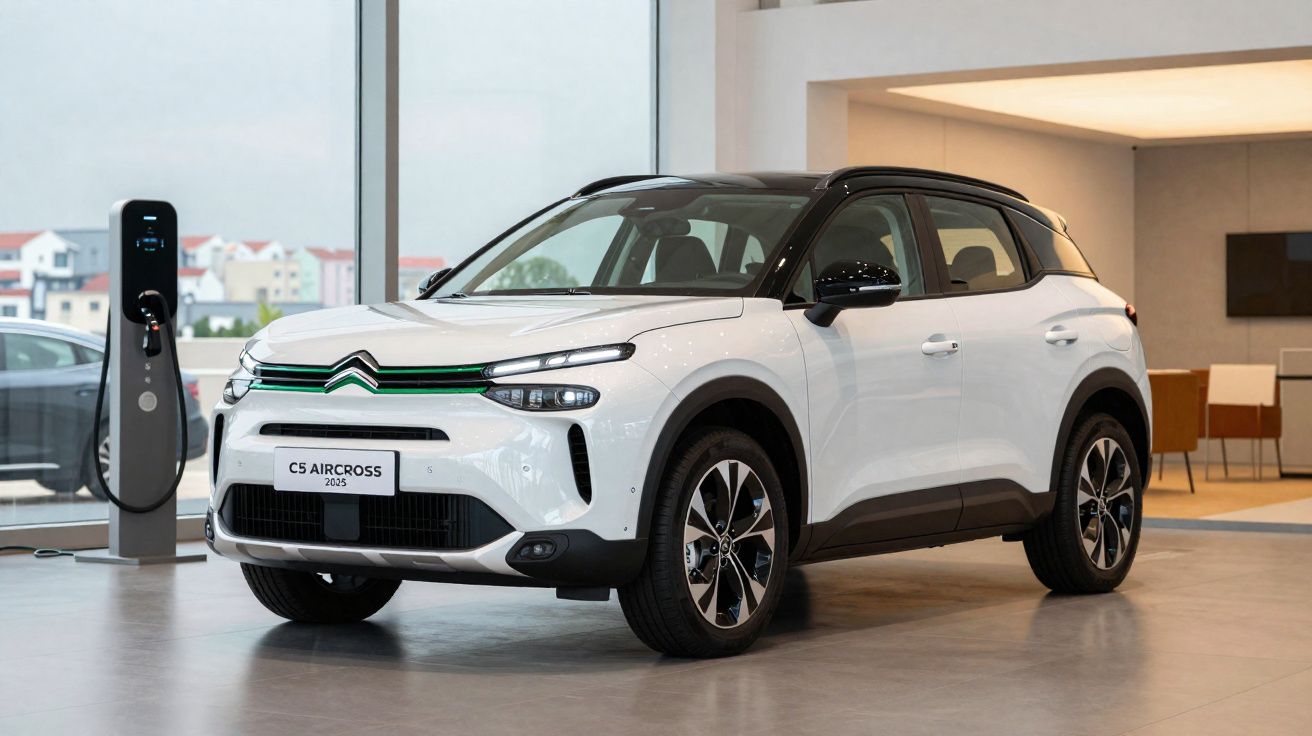 SUV Citroën C5 Aircross branco estacionado em espaço interior ao lado de posto de carregamento elétrico.