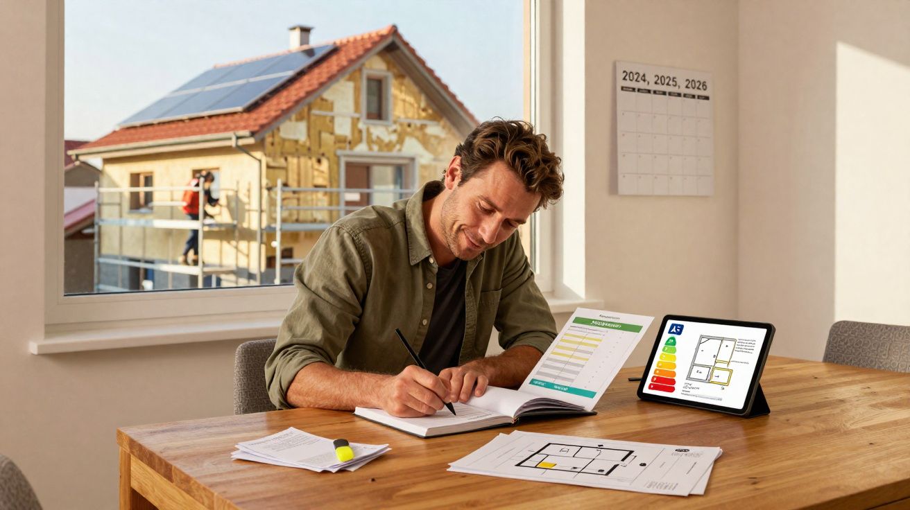 Homem sentado a estudar plantas e documentos de eficiência energética numa mesa junto a uma janela com casa em construção ao 