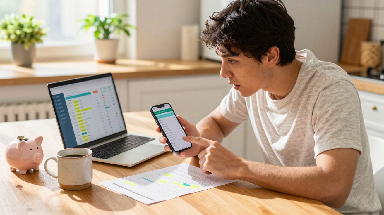 Homem a analisar finanças pessoais em smartphone e computador numa cozinha luminosa e organizada.