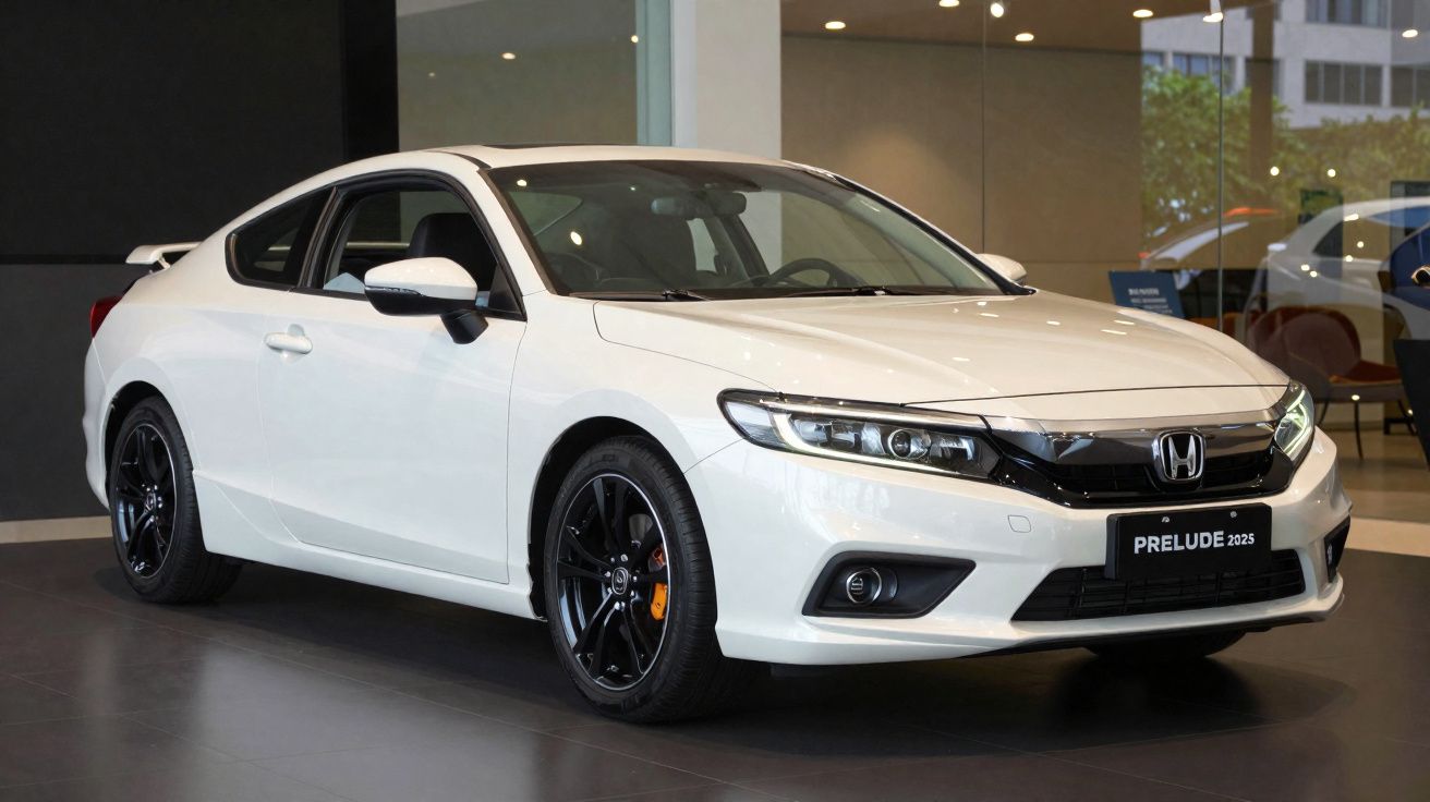 Carro Honda Prelude 2023 branco, coupé, com jantes pretas, em exposição numa loja moderna.
