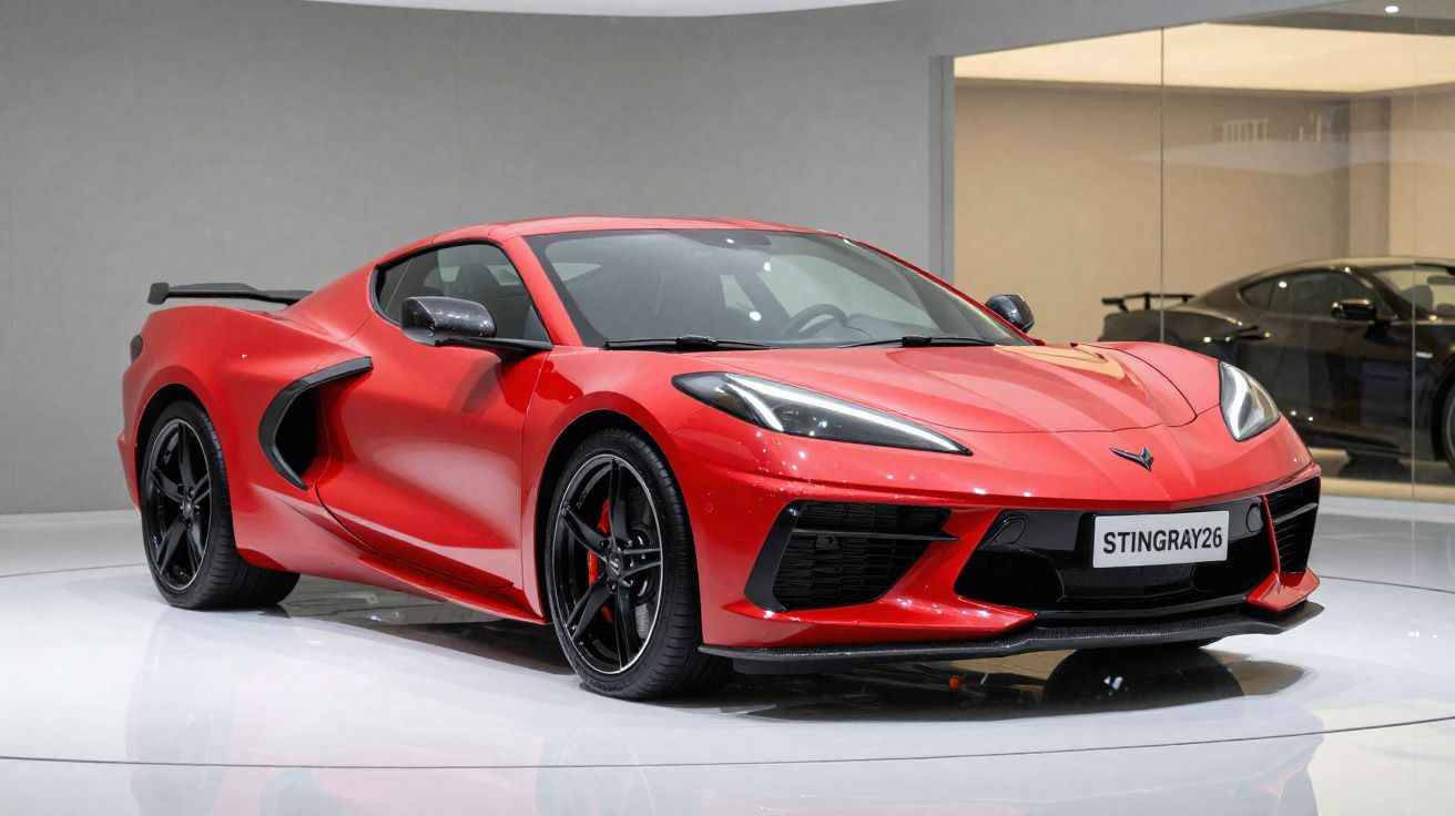 Carro desportivo vermelho Chevrolet Corvette Stingray em exposição interior com fundo cinza.