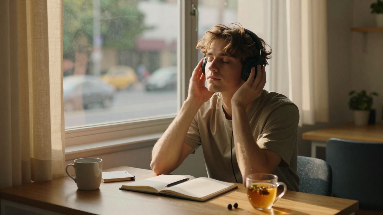 Homem jovem com auscultadores a ouvir música, sentado numa mesa com livro aberto e chá junto à janela.