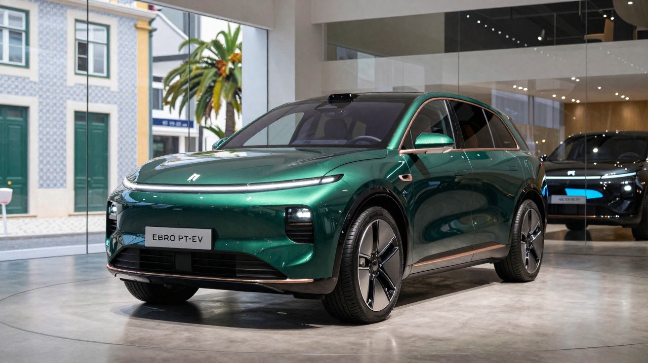 Carro elétrico verde EBRO PT-EV exposto em showroom moderno com grandes janelas e luz natural.