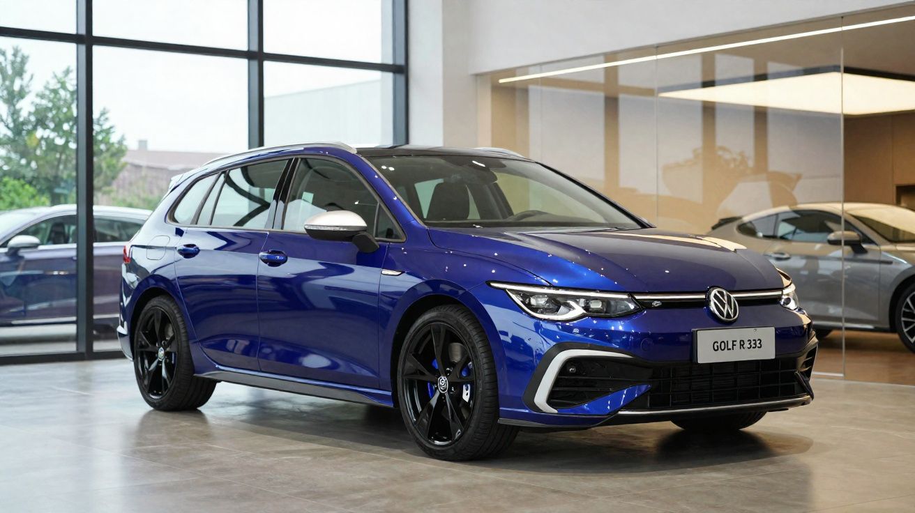 Carro Volkswagen Golf R 333 azul com jantes pretas, exposto em salão com grandes janelas.