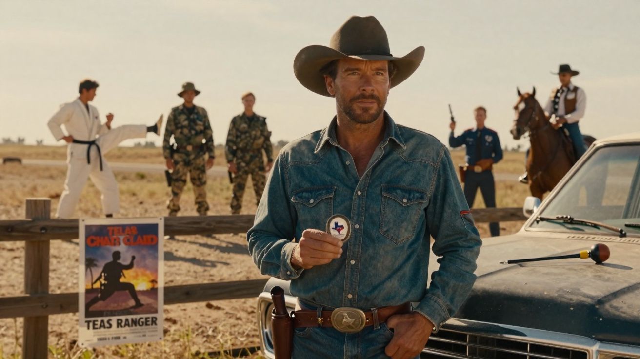Homem com chapéu de cowboy e camisa jeans segura distintivo junto a carro e grupo diverso no campo.