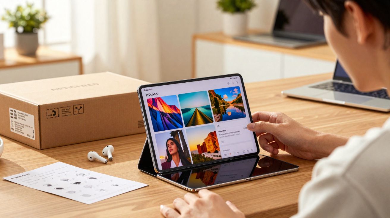 Pessoa a usar tablet dobrável num ambiente de escritório com caixa, auriculares e portátil ao fundo.