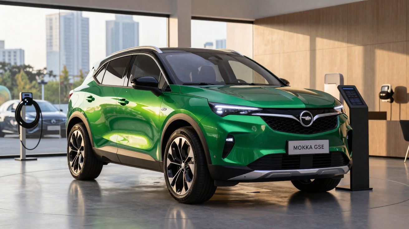 Carro elétrico SUV Opel Mokka GSE verde numa área de carregamento interior iluminada.