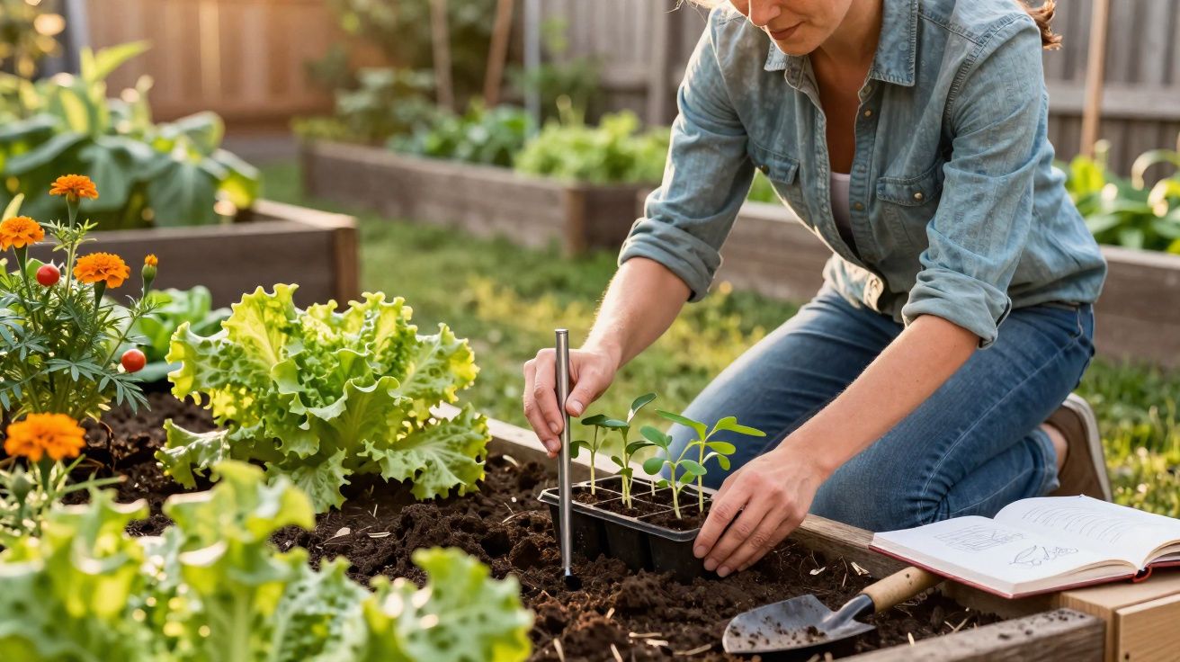 Pessoa a transplantar pequenas plantas num canteiro de hortaliças num jardim com alfaces e flores.