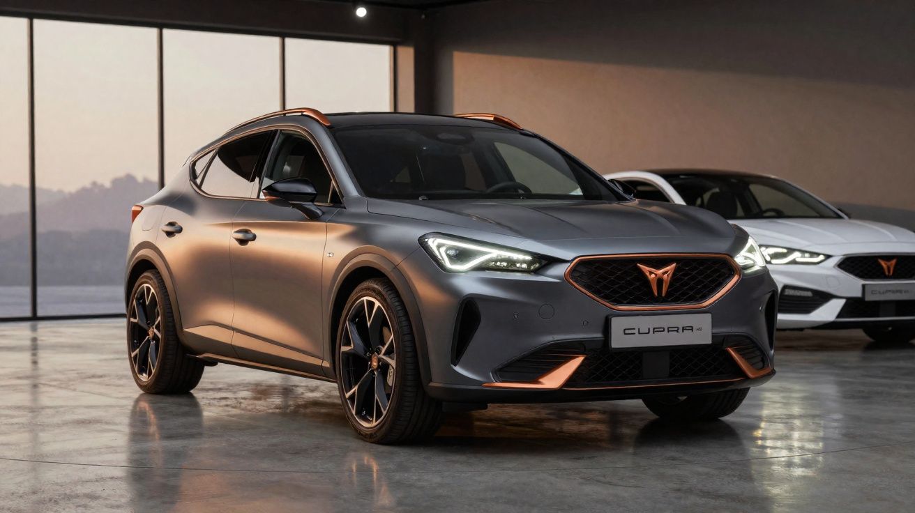 Dois carros CUPRA modernos estacionados em pavimento interior, um cinzento ao centro e um branco atrás.