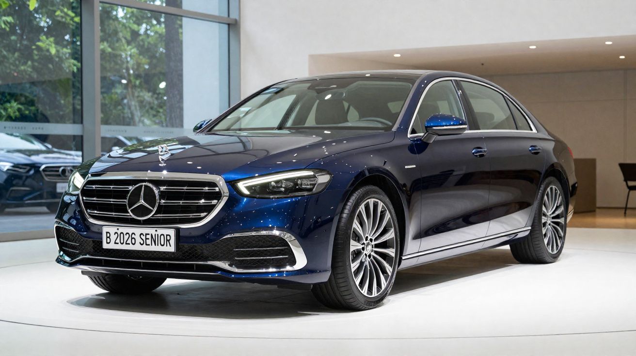 Carro Mercedes-Benz azul escuro sedan exibido em showroom moderno com iluminação suave.