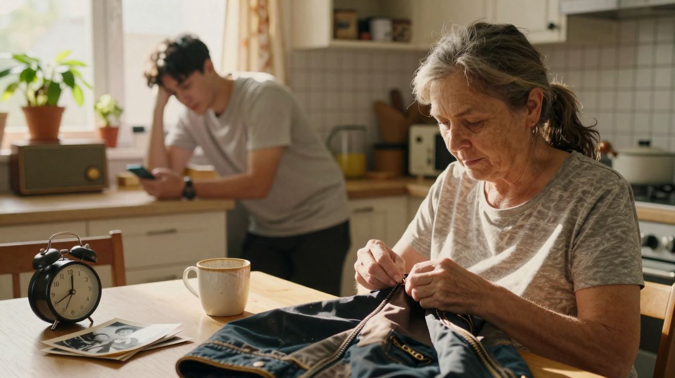 Mulher idosa a costurar casaco numa cozinha, jovem ao fundo a usar telemóvel, despertador e fotos sobre a mesa.