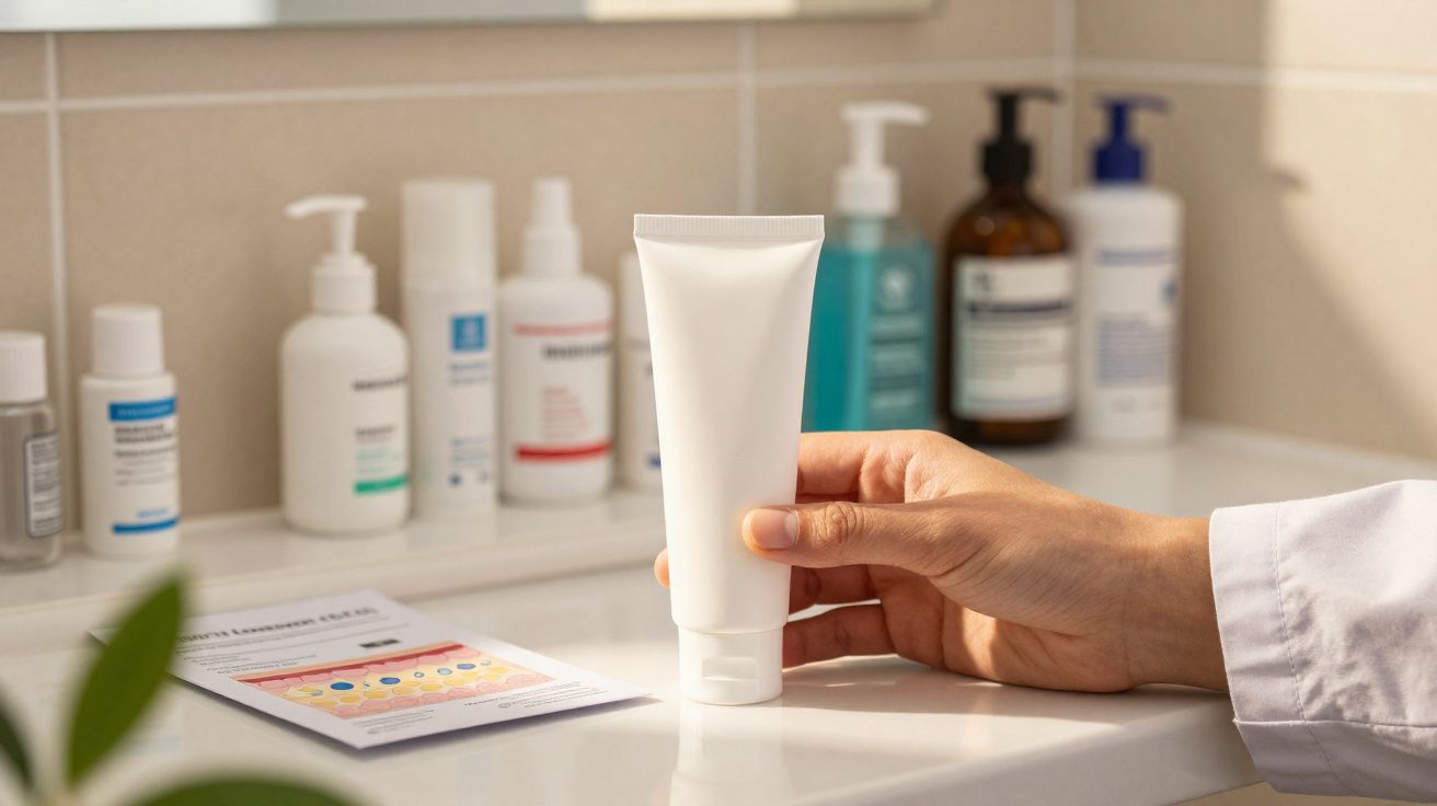 Mão segurando tubo branco de creme num balcão com vários frascos de produtos cosméticos ao fundo.