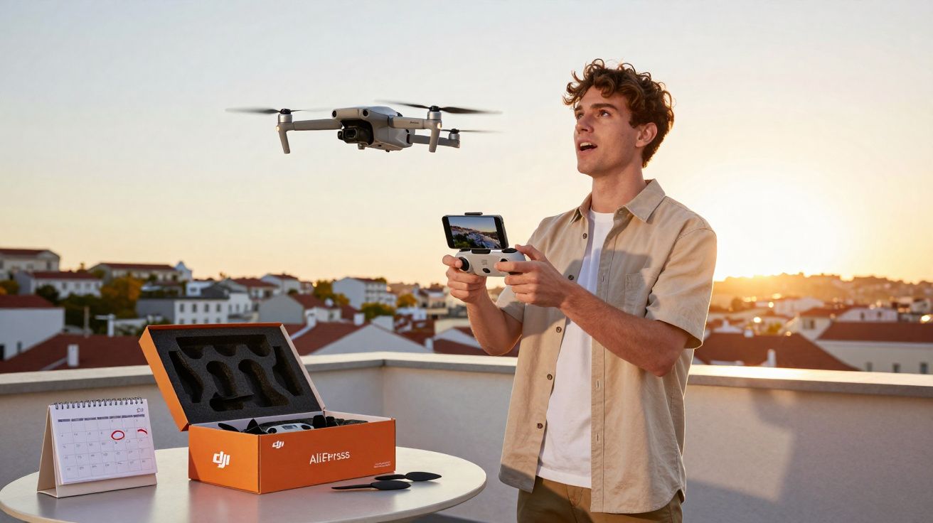 Homem controla drone com comando remoto no terraço ao pôr do sol, com caixa do drone e calendário na mesa.