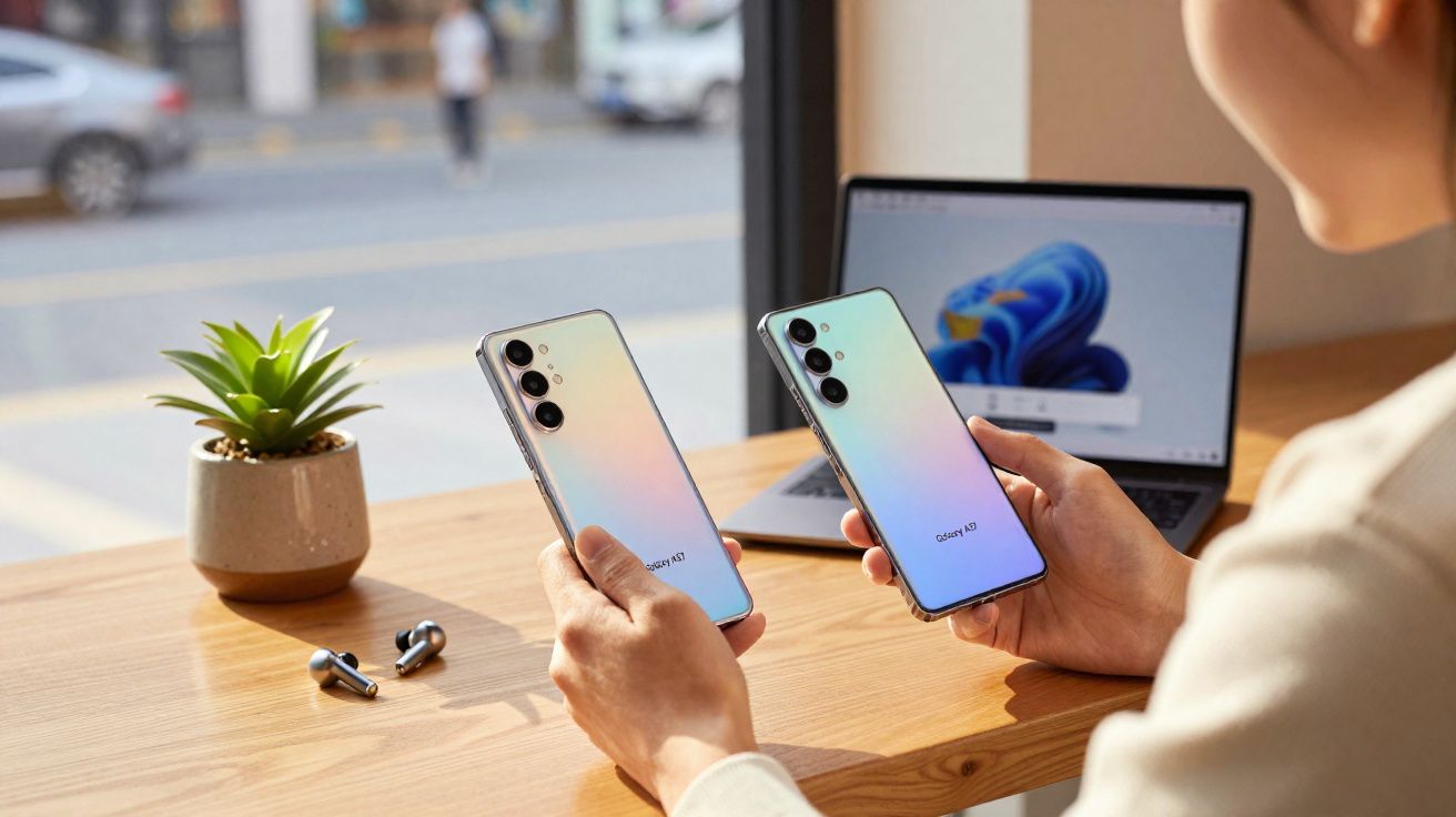 Pessoa a segurar dois telemóveis Samsung Galaxy A33 e A53 sobre mesa com computador e planta ao fundo.