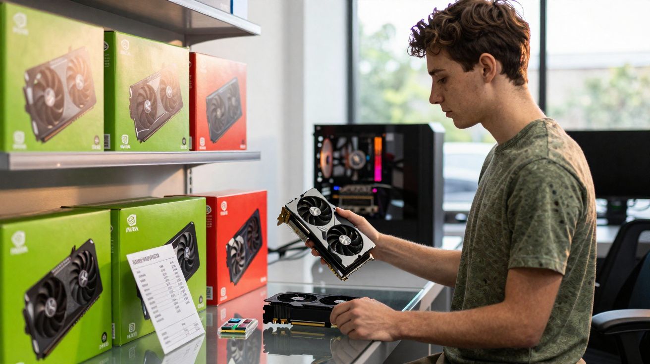 Jovem examina placas gráficas numa loja de componentes de informática.