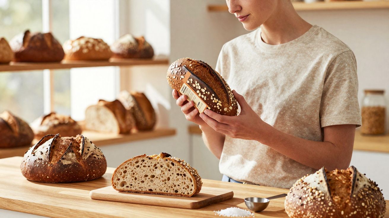 Pessoa a segurar pão integral com sementes numa padaria, com vários pães frescos sobre a bancada.