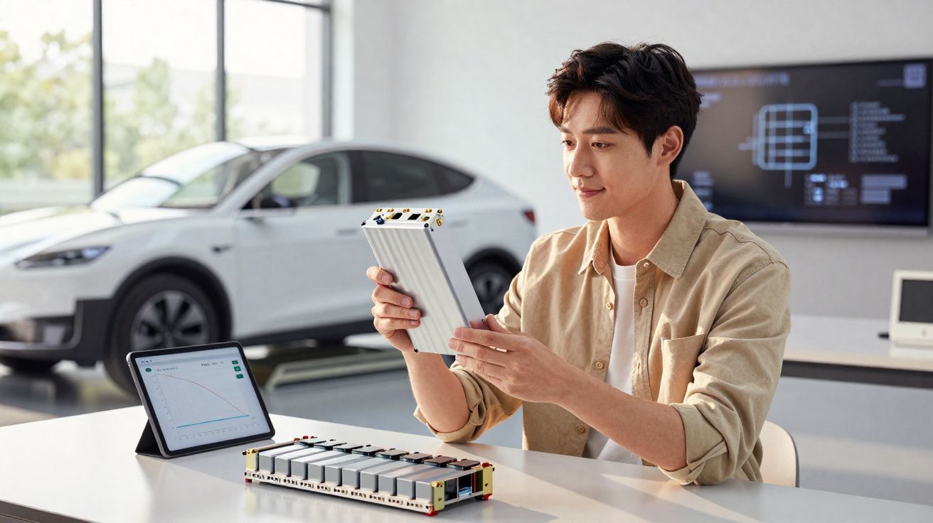 Homem analisa bateria de carro elétrico com gráfico em tablet numa sala com automóvel atrás.
