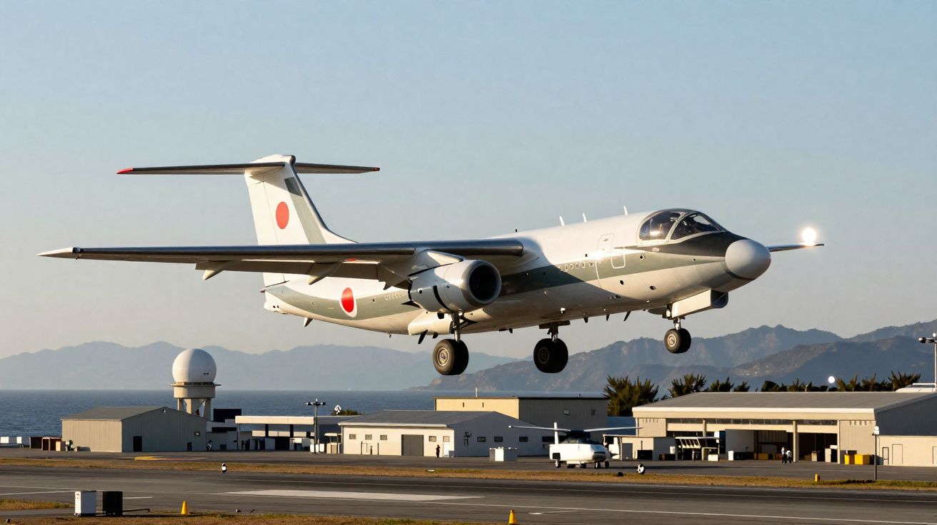 Avião militar branco com marca vermelha a aterrar numa base aérea junto ao mar ao pôr-do-sol.