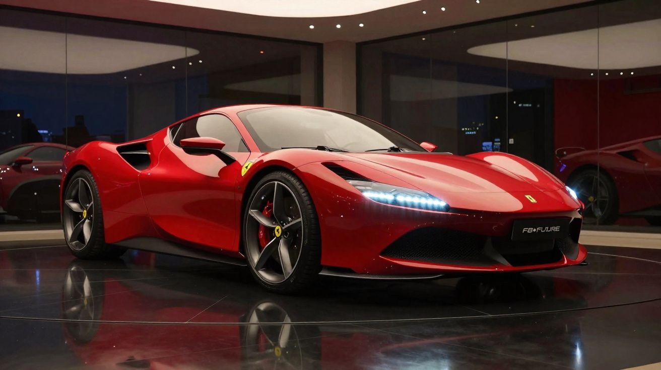 Carro desportivo vermelho Ferrari estacionado em exposição com luzes dianteiras acesas e reflexos no chão.