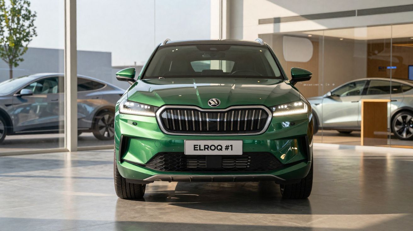 Carro elétrico verde Škoda ELROQ #1 em exposição numa sala moderna com janelas grandes.