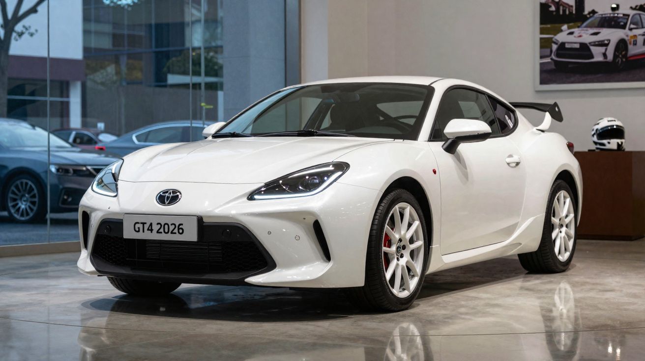 Carro desportivo branco Toyota GT4 2026 exibido em showroom moderno e iluminado.