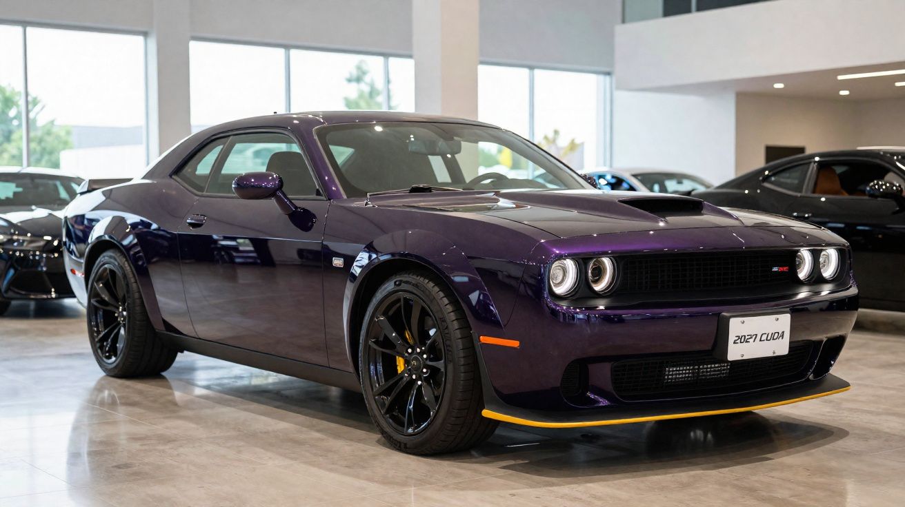Carro desportivo Dodge Challenger roxo com detalhes amarelos numa garagem moderna iluminada.