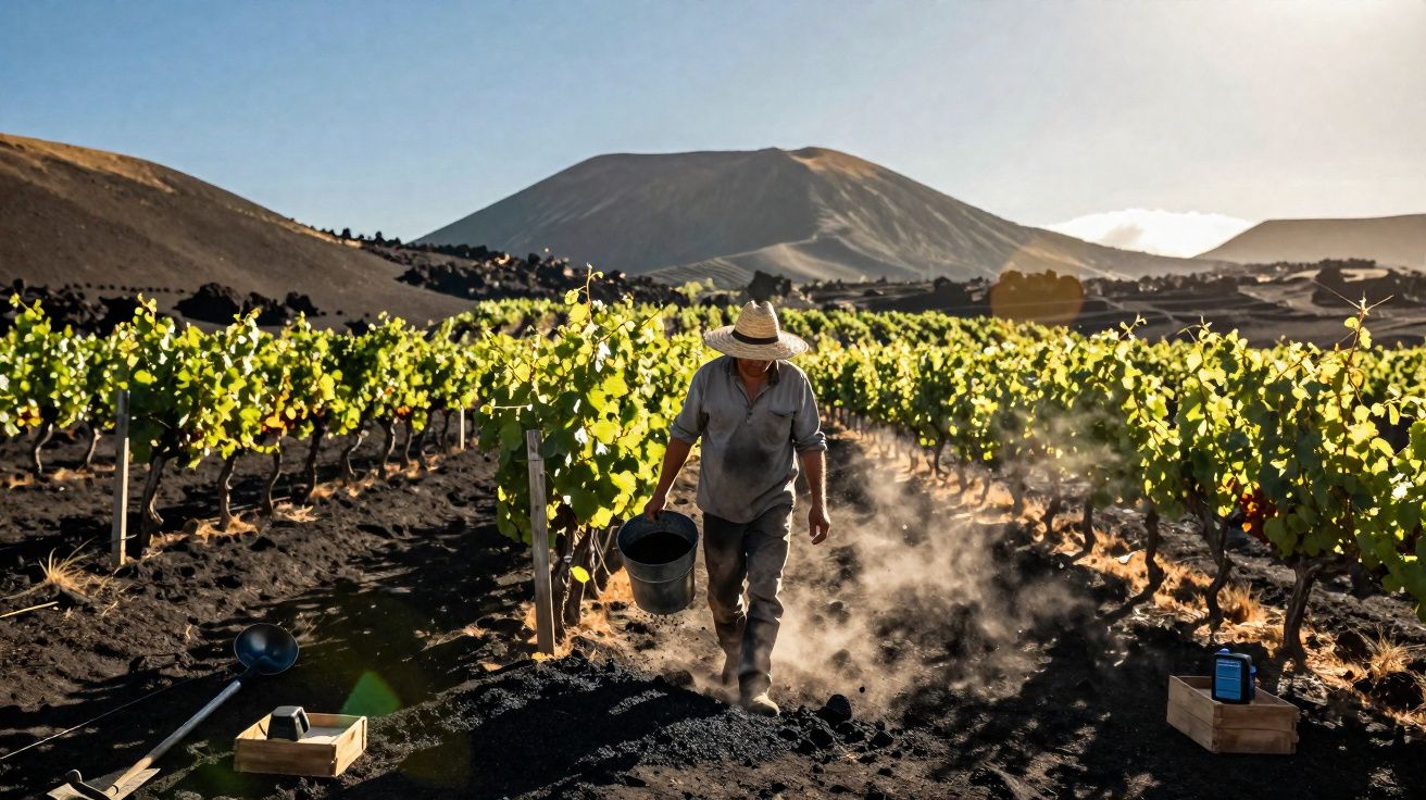 Agricultor com chapéu a colher terra vulcânica numa vinha ao pôr do sol com montanha ao fundo.