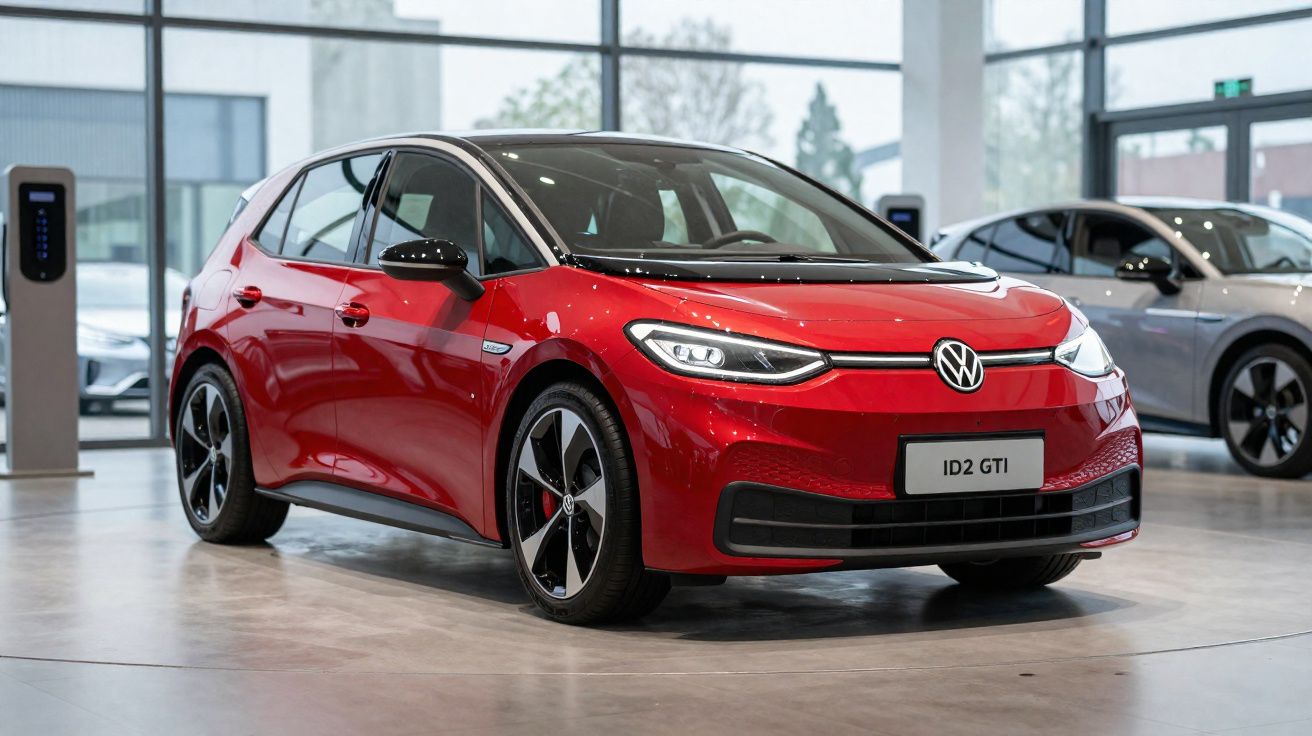 Carro elétrico vermelho Volkswagen ID2 GTI estacionado em interior de concessionária moderna.