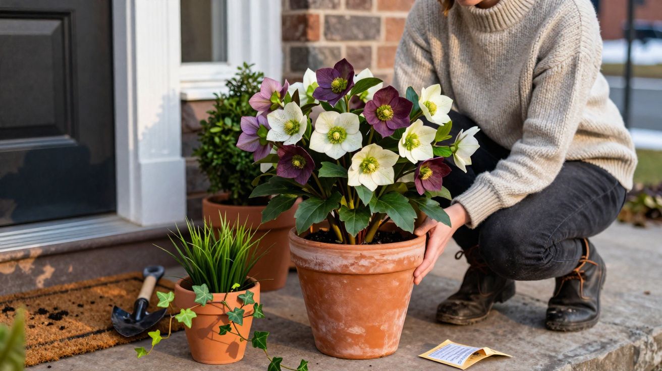 Pessoa a arranjar vaso de flores Helleborus brancas e roxas na entrada de casa, com outros vasos e terraça visíveis.