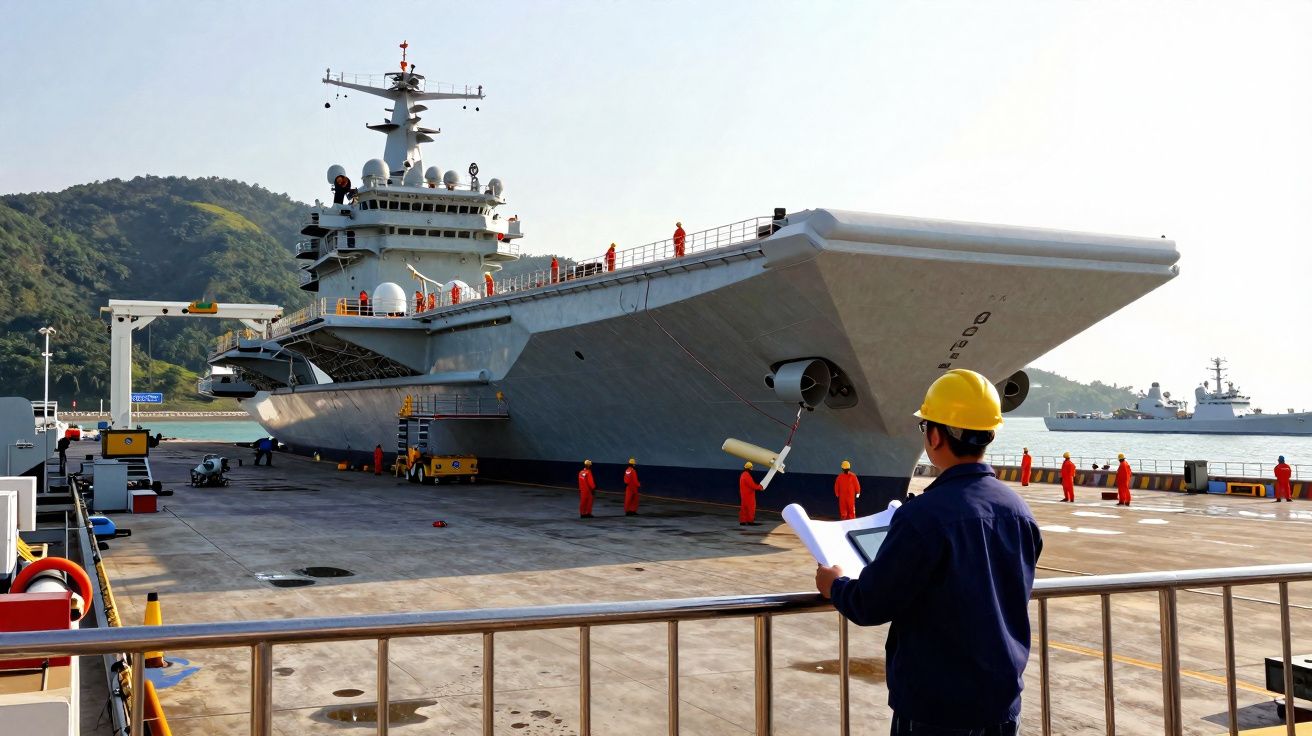 Porta-aviões atracado com trabalhadores de proteção a analisar documentos no cais, com colinas ao fundo.