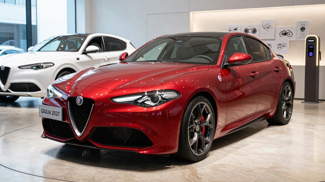 Carro desportivo Alfa Romeo Giulia 2027 vermelho exposto em showroom moderno.