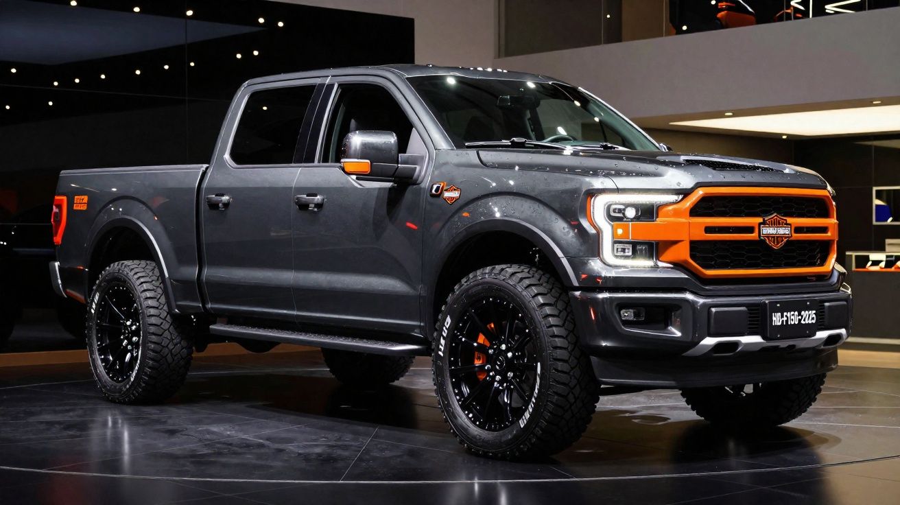 Pick-up preta com detalhes em laranja exposta em ambiente interior moderno e iluminado.