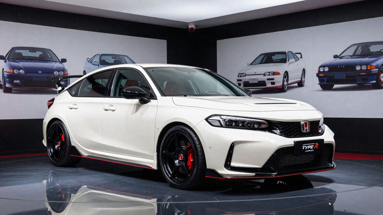 Carro desportivo Honda Civic Type R branco em exposição com painéis de carros clássicos ao fundo.