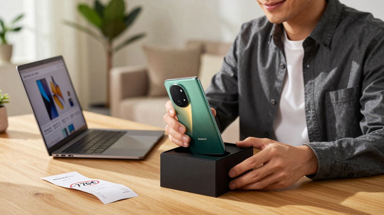 Pessoa a desembrulhar novo smartphone verde junto a computador portátil numa mesa de madeira.