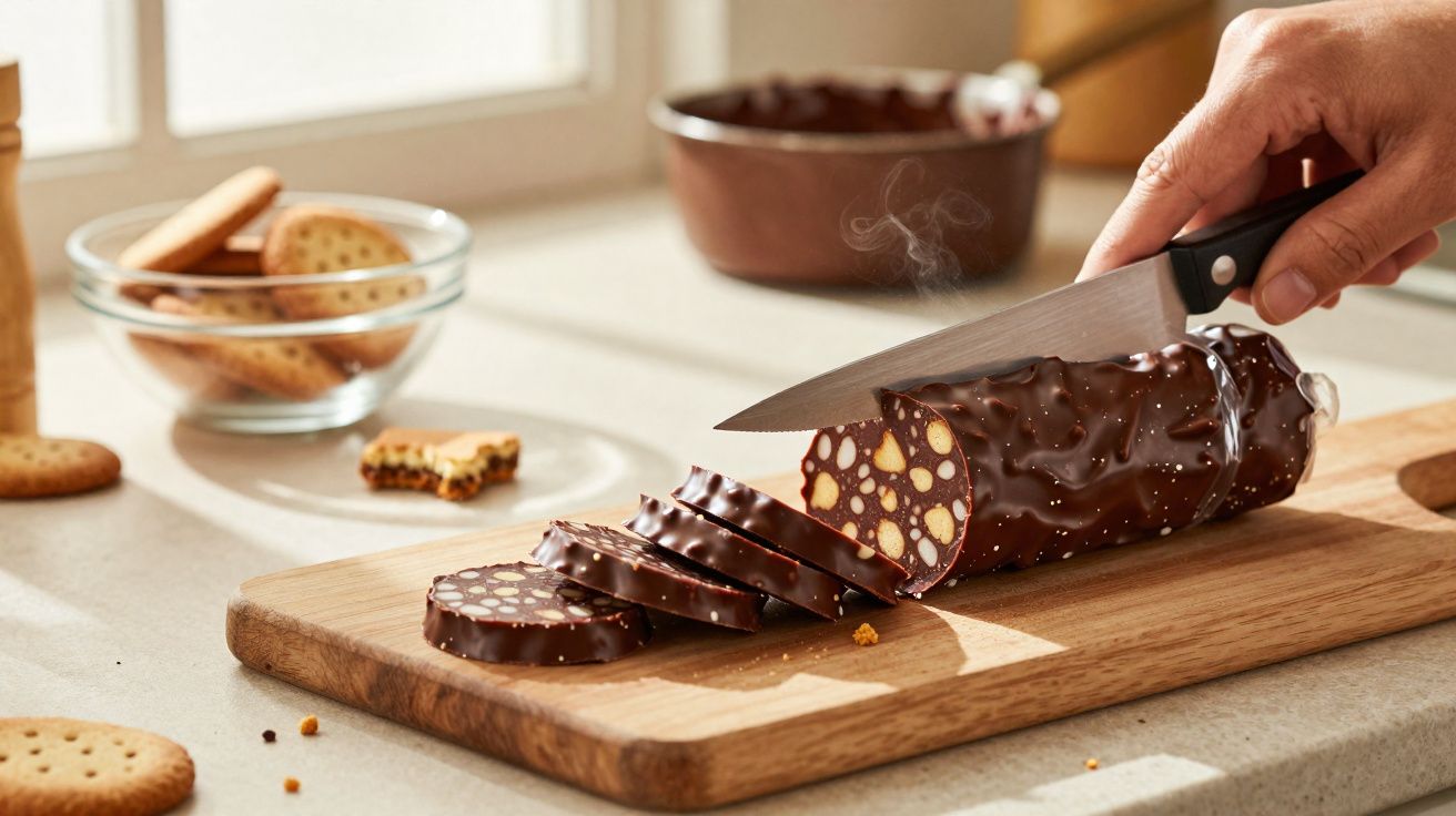 Pessoa a cortar salame de chocolate com bolachas dentro, sobre tábua de madeira numa cozinha iluminada.