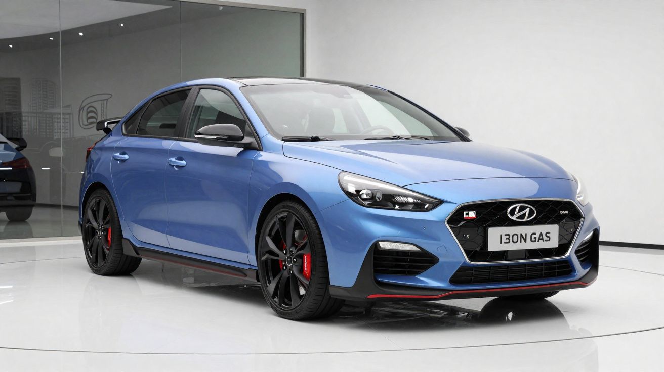 Carro desportivo Hyundai i30N azul, visto de frente e lateral, em exposição interior moderna.