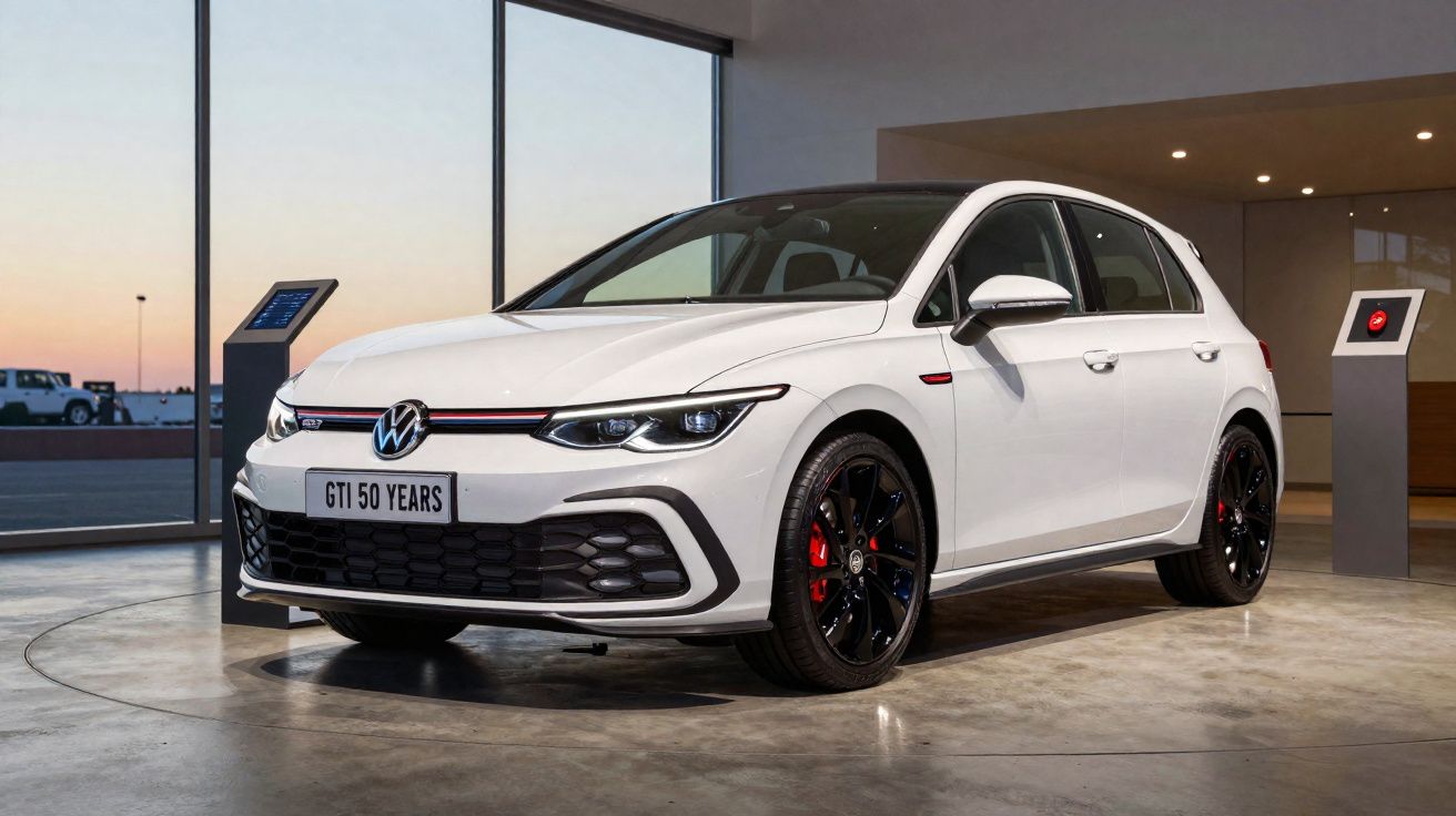 Carro Volkswagen GTI branco exposto em interior moderno com janelas amplas ao pôr do sol.