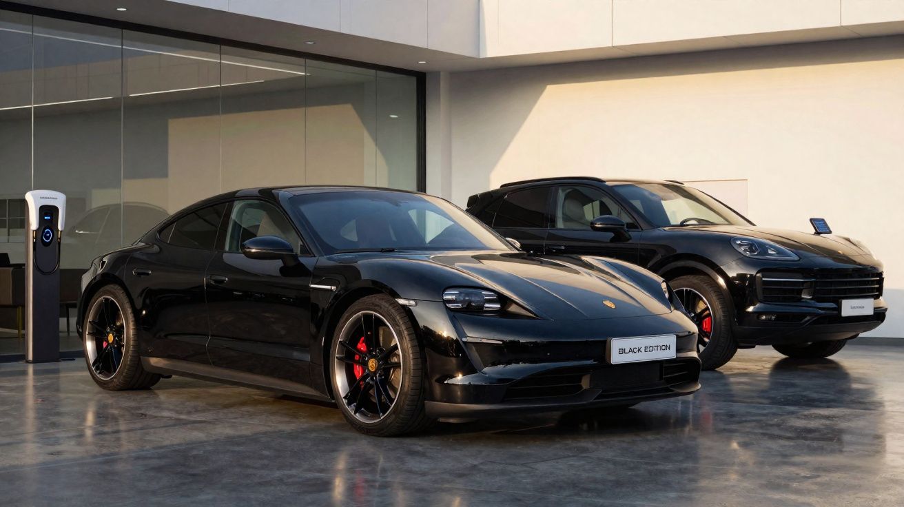 Dois carros pretos da Porsche estacionados numa garagem iluminada, com estação de carregamento elétrico.