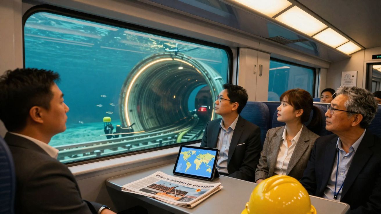 Quatro pessoas em roupa formal observam um túnel subaquático através da janela de um comboio.